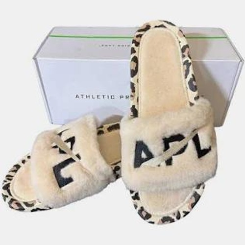 Apl Shearling Slide Sandals In Parchment Leopard Print Trim Sz 11